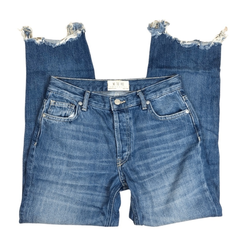 We The Free Denim Jeans High Rise Button Fly‎ Raw Hem Straight Leg Blue Size 29